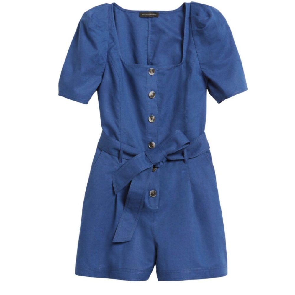 puff-sleeve Romper- Cotton, resembles Demin